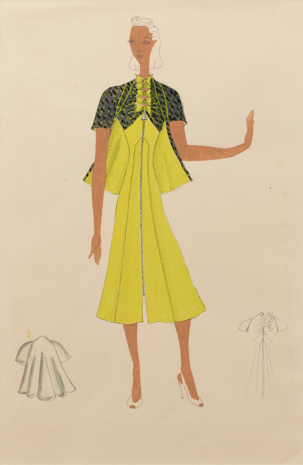 Fashion Drawing: Yellow Day Dress with Black and Yellow Jacket