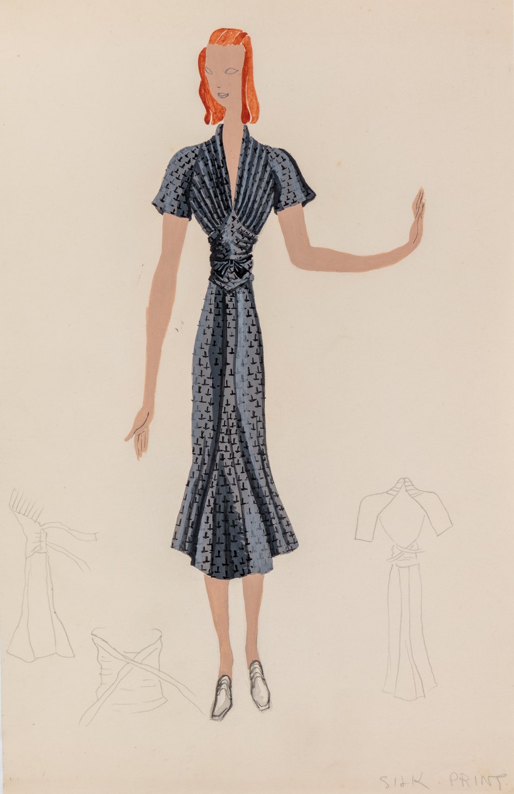 Fashion Drawing: Black Pleated Day Dress