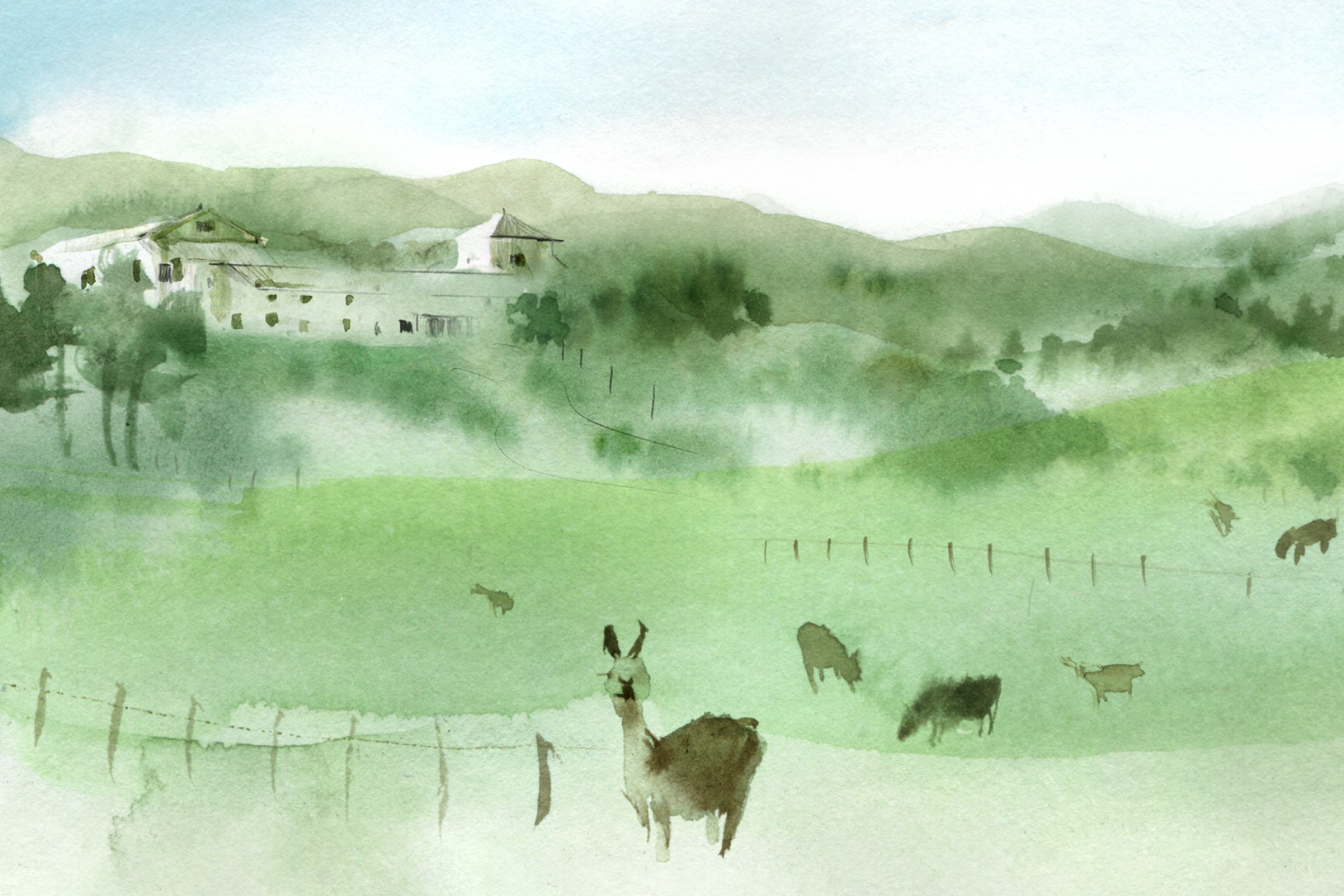 Watercolor art of the Eames Ranch in California’s Sonoma County depicting the land, buildings, and animals.