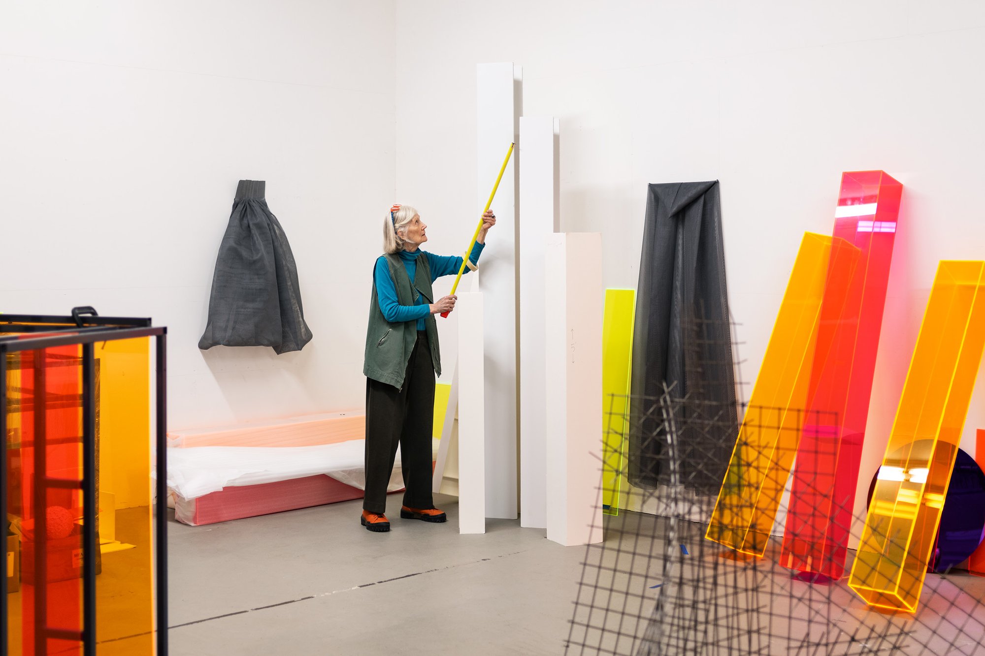 Artist Barbara Kasten in her Chicago studio with acrylic prototypes for Parallels (2018).