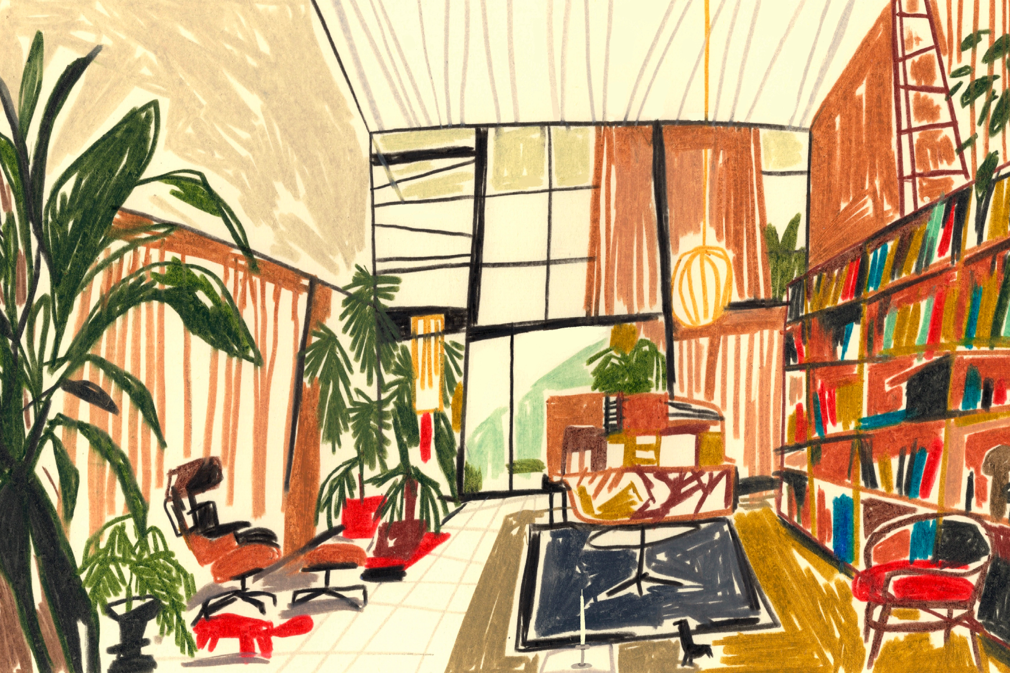 Eames Case Study House 8, interior illustration featuring Eames furniture.