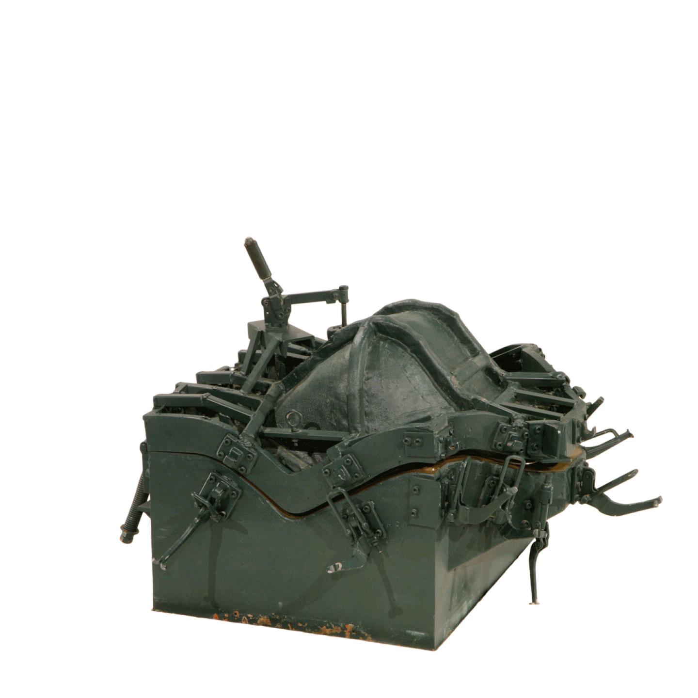 Side view of the Eames Fiberglass armchair mold, green on the outside and grey on the inside, opening and closing.